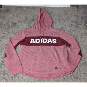 Adidas Hoodie Womens MED Pink Red Pullover Hooded Sweatshirt Spellout Logo
